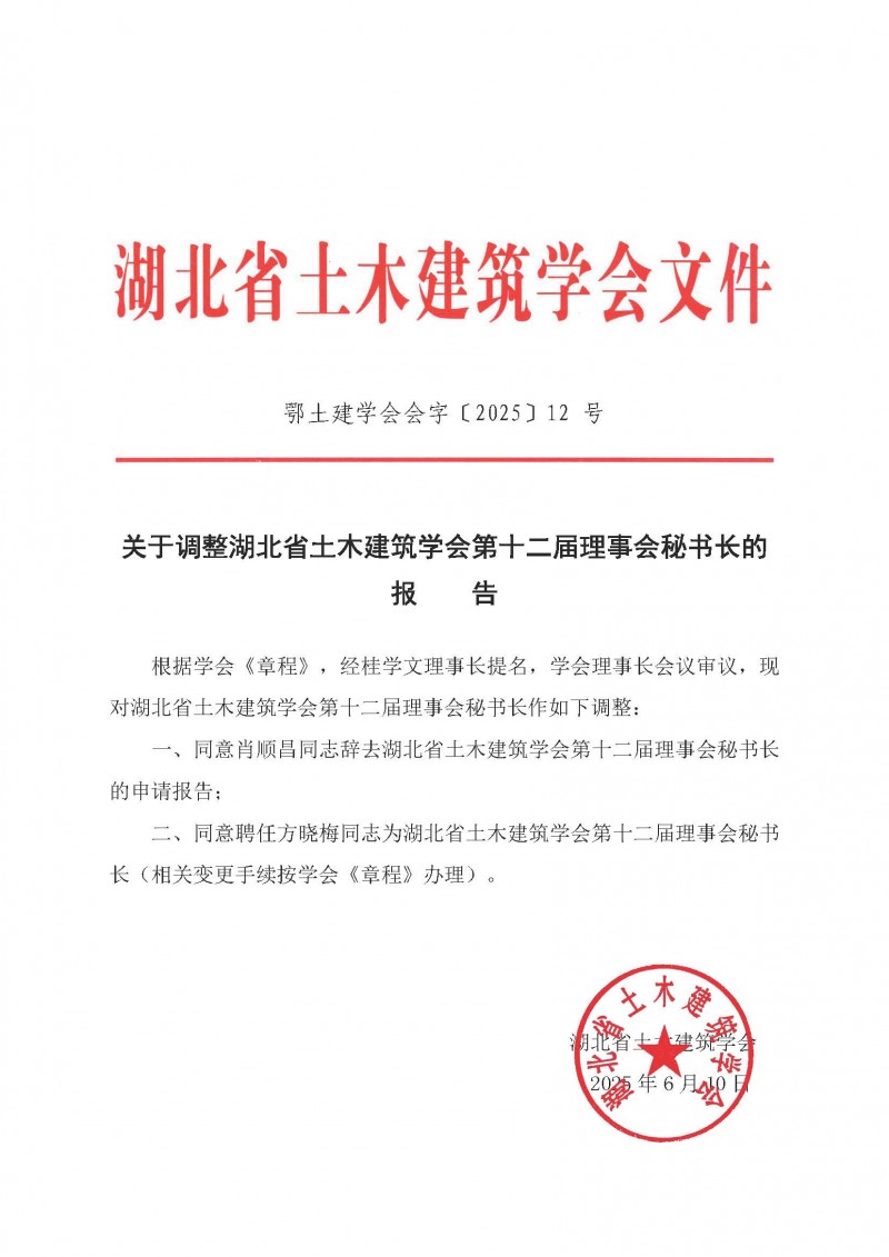 关于调整湖北省土木建筑学会第十二届理事会秘书长的报告